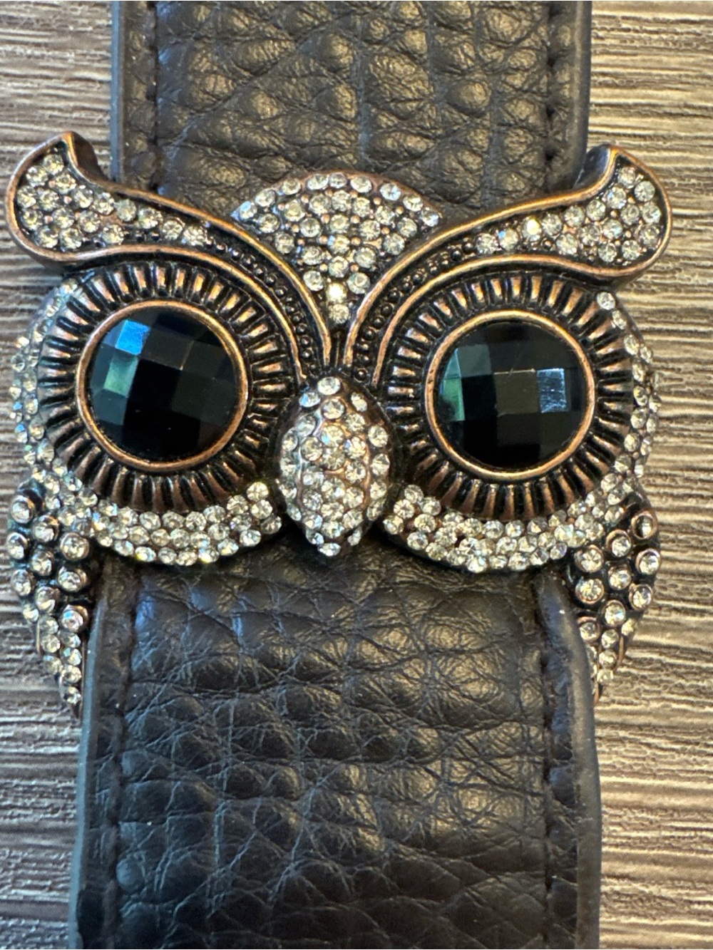 Crystal Owl Statement Bracelet With Brown Leather Adjustable Strap